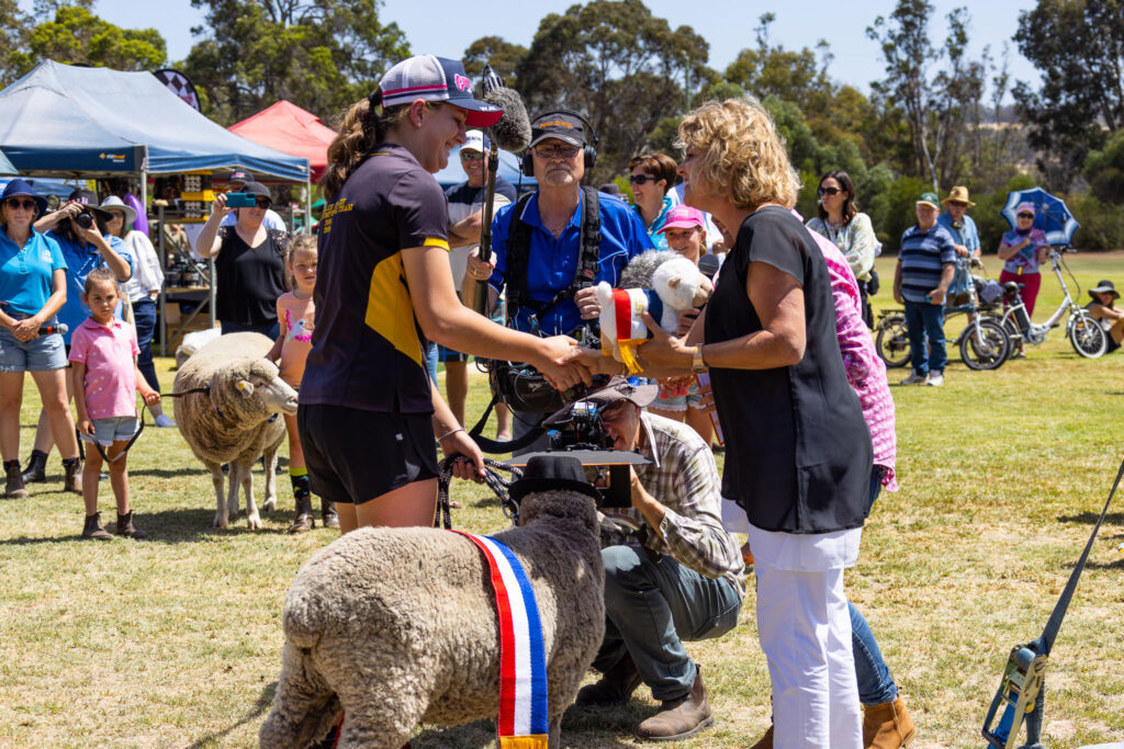 photo of prize presentations at the Best Pet Sheep competition at Darkan Sheepfest 2023 being filmed by a cameraman. Da King was judged as champion by Heather Ewert of the ABC Backroads program.