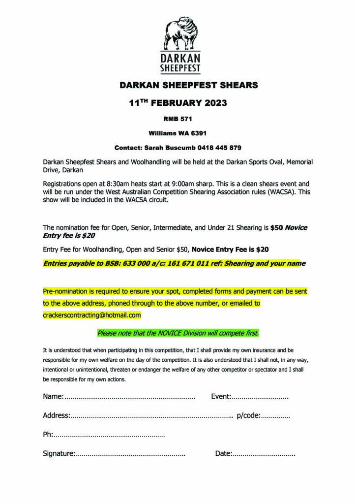 Entry form for 2023 Darkan Sheepfest Shearing and Wool handling competition.