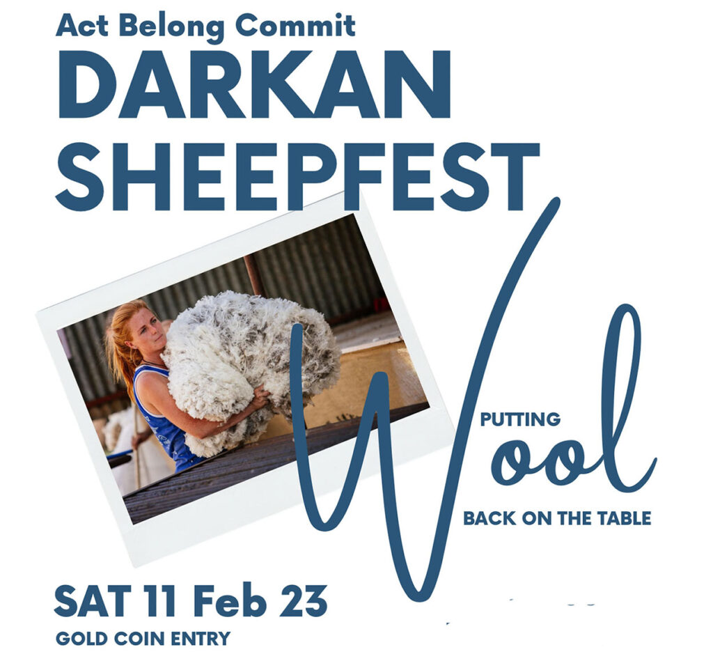Darkan Sheepfest poster for 2023 with words "Putting Wool back on the table".