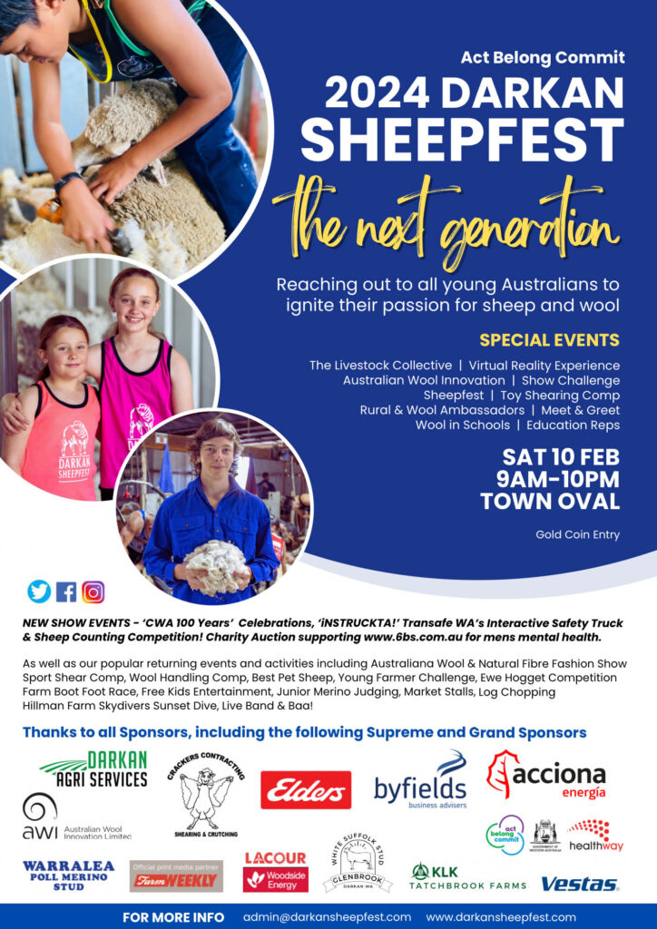 Image of poster advertising the Act Belong Commit Darkan Sheepfest on 10 February 2024.